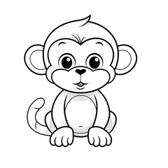 Forest animals -Cute Monkey, simple thick lines kids or children cartoon coloring book pages . No Background, Generative AI
