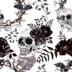 Halloween seamless pattern. Watercolor hand-painted scary elements- skull, dark flowers, bat on white background.