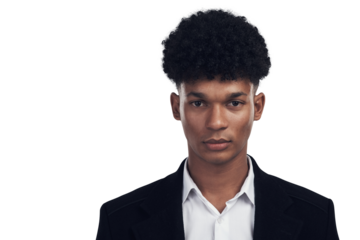 Fashion, serious and portrait of a young man with a formal, elegant and stylish suit outfit. Trendy, cool and face of a handsome male model with classy style isolated by a transparent png background.