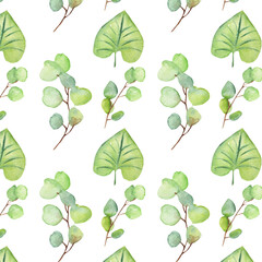 Seamless pattern green leaves trees and branches, foliage of natural branches, green leaves, herbs, tropical plants hand drawn watercolor on white background.