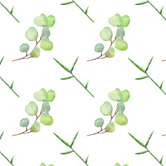 Obraz premium Seamless pattern green leaves trees and branches, foliage of natural branches, green leaves, herbs, tropical plants hand drawn watercolor on white background.
