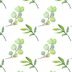 Obraz premium Seamless pattern green leaves trees and branches, foliage of natural branches, green leaves, herbs, tropical plants hand drawn watercolor on white background.