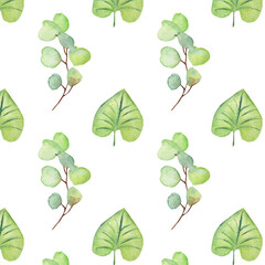 Seamless pattern green leaves trees and branches, foliage of natural branches, green leaves, herbs, tropical plants hand drawn watercolor on white background.