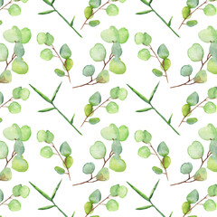 Obraz premium Seamless pattern green leaves trees and branches, foliage of natural branches, green leaves, herbs, tropical plants hand drawn watercolor on white background.