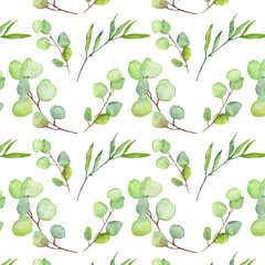 Seamless pattern green leaves trees and branches, foliage of natural branches, green leaves, herbs, tropical plants hand drawn watercolor on white background.