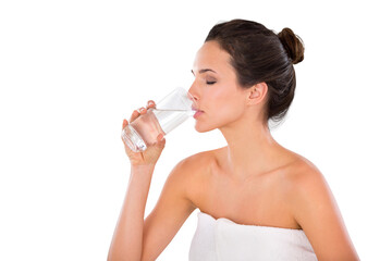 Hydration, woman with glass drinking water and isolated against a transparent png background....