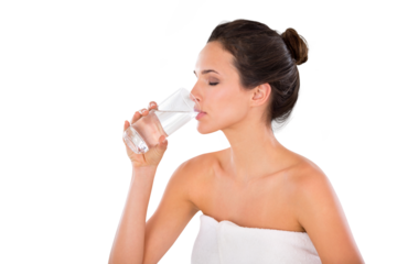 Hydration, woman with glass drinking water and isolated against a transparent png background. Hydrate or healthcare, natural nutrition or detox and female person drink liquid for health wellness