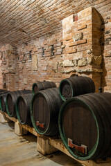 Wine cellars with barrels in Rakvice, Southern Moravia, Czech Republic