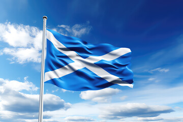 Scottish flag flying in the wind on a flagpole against a blue sky with clouds. Blue white flag of the Scotland wallpaper.  