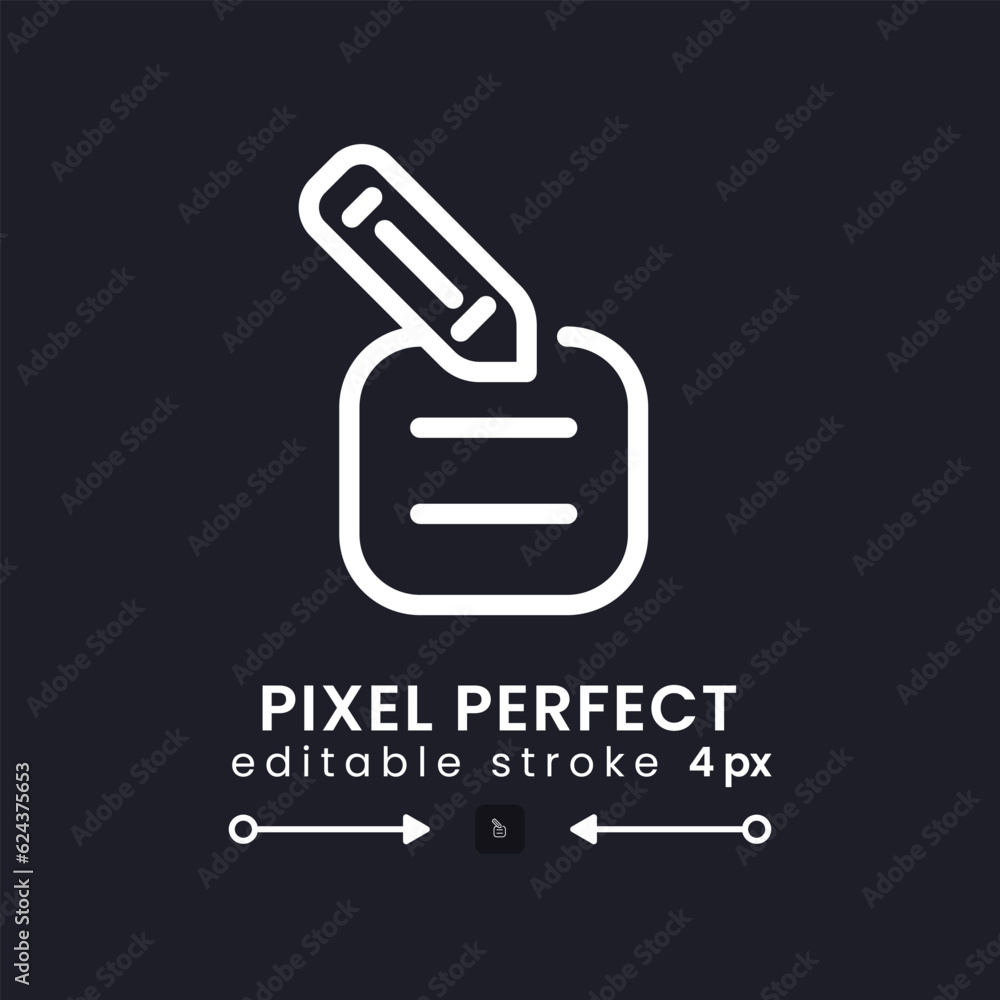 Poster note with pencil white linear desktop icon on black. edit information. working tool. online notepad.