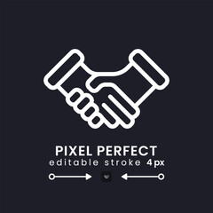 Handshake white linear desktop icon on black. Business deal. Partnership agreement. Businessmen meeting. Pixel perfect, outline 4px. Isolated user interface symbol for dark theme. Editable stroke