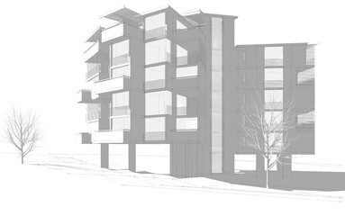 Modern building sketch 3d illustration