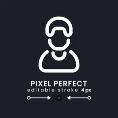 Employee white linear desktop icon on black. Personal account. Team member. Project manager. Human resources. Pixel perfect, outline 4px. Isolated user interface symbol for dark theme. Editable stroke