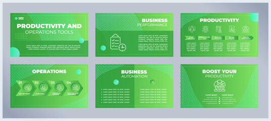 Productivity and operations tools presentation templates set. Time management software. Business automation. Ready made PPT slides on green background. Graphic design. Montserrat, Arial fonts used