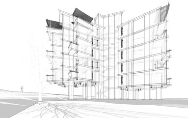 Modern building sketch 3d illustration