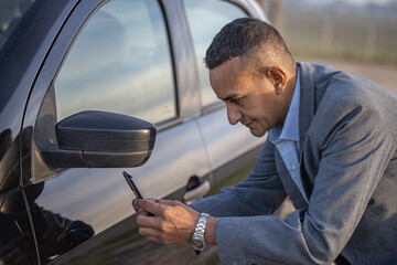 Insurance agent taking a picture of a car with a scratch.