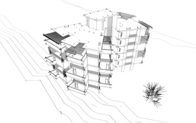 Modern building sketch 3d illustration