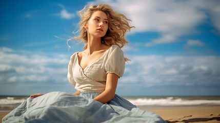 Fototapeta na wymiar An attractive woman sitting on a white beach. AI generative