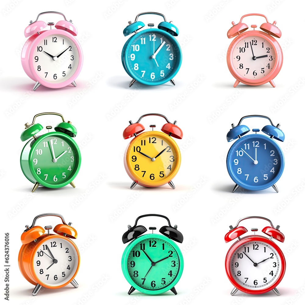 Poster a set of nine different colored alarm clocks. generative ai.