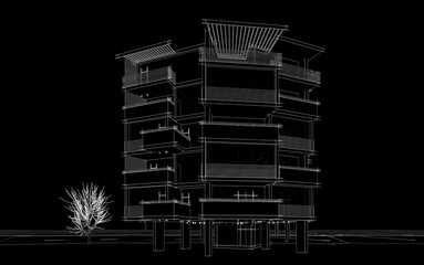 Modern building sketch 3d illustration