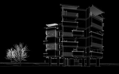 Modern building sketch 3d illustration