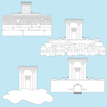 The Temple in Jerusalem. A black and white outline illustration collection icons set. In the ancient city holy to the people of Israel. On the background of houses, the Kotel, on clouds.
Flat vector.