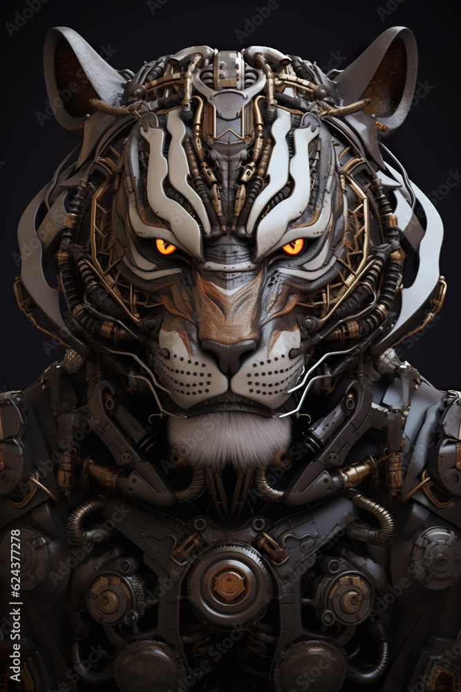 Poster a close up of a tiger's head with wires on it. generative ai.