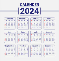 2024 calendar template design week start with Sunday Blue Calendar Sunday red mark