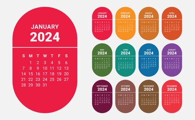 colorful calendar 2024, 12 tablet piece calendar, 12 month cards capsule template design vector start with Sunday