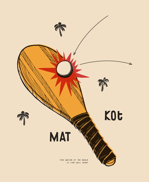 Matkot paddle hitting the ball. Beach tennis vintage typography t-shirt print vector illustration.