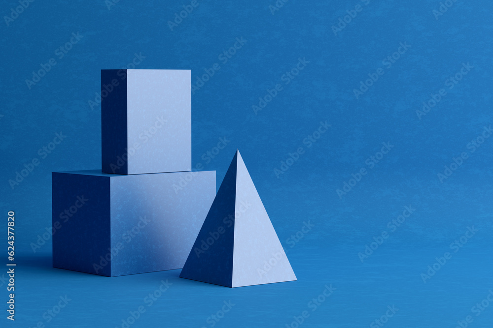 Poster three-dimensional prism pyramid and rectangular cube objects on blue colored background.