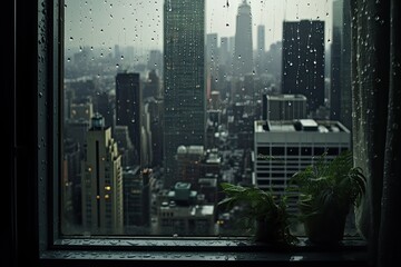 Photo shot through a window, looking out at the rainy cityscape, symbolizing the sense of solitude. Generative AI