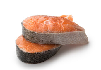 Salmon, trout, steak, slice of fresh raw fish, isolated on white background