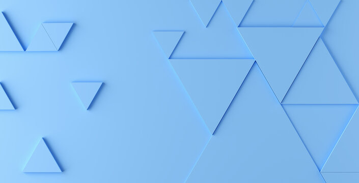 Abstract triangular embossed geometrical shapes on blue background. Wallpaper background backdrop mockup.