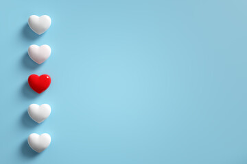 To find the true love or soulmate. Searching for love. Heart shaped lollipops in a row with one red lollipop on white background.