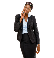 Doubt, African business woman, thinking or idea for job, goal or dream, isolated by transparent png background. Businesswoman, entrepreneur or brainstorming for solution, problem solving and decision