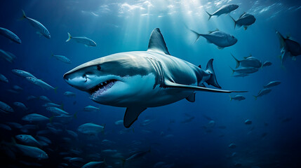 Fototapeta premium Ocean shark bottom view from below. Open toothy dangerous mouth with many teeth. Underwater blue sea waves clear water shark swims forward