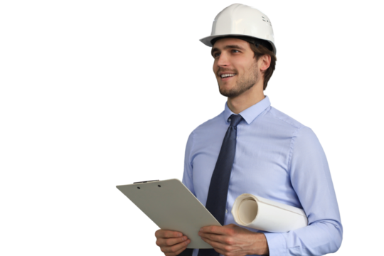 Confident young business man in hardhat holding blueprint and looking away while standing on a transparent background
