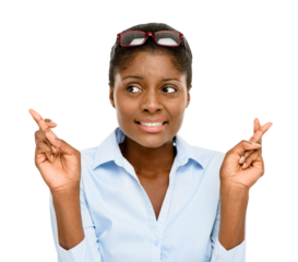 Black woman, thinking and fingers crossed for luck or hope isolated on a transparent PNG background. Face of African female person in doubt with finger cross for lucky draw, prize or competition