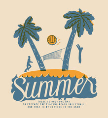 Volleyball summer island. Tiny island with volleyball net between the palm-trees and game in action. Beach volleyball vintage typography silkscreen t-shirt print vector illustration.