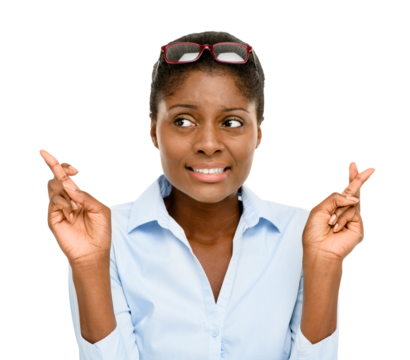 Black woman, thinking and fingers crossed for luck or hope isolated on a transparent PNG background. Face of African female person in doubt with finger cross for lucky draw, prize or competition