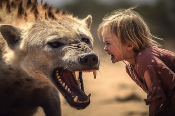 Wild beast like African hyena protects a little kid. Generative AI 5