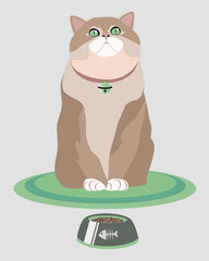 This vector illustration portrays a chubby brown cat eagerly waiting for food, even though its food bowl is already filled to the brim with food