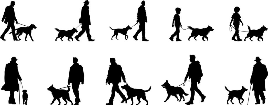silhouette of people with a dog on a white background