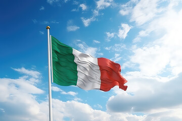 Italian flag flying in the wind on a flagpole against a blue sky with clouds. Green white red Italy flag wallpaper.  