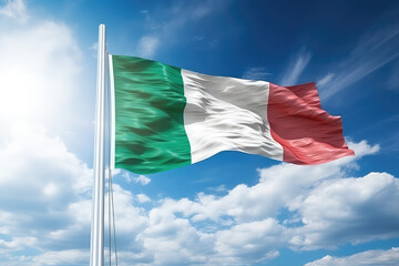 Italian flag flying in the wind on a flagpole against a blue sky with clouds. Green white red Italy flag wallpaper.  