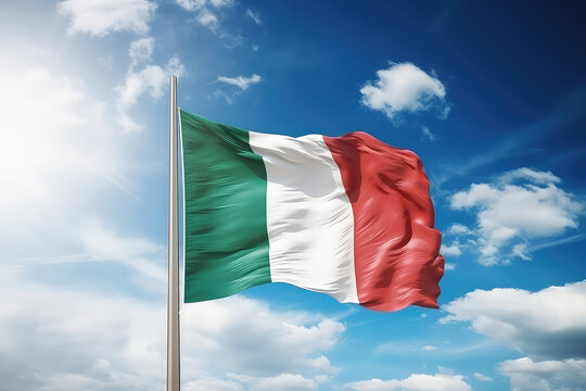 Italian Flag Flying In The Wind On A Flagpole Against A Blue Sky With Clouds. Green White Red Italy Flag Wallpaper.  