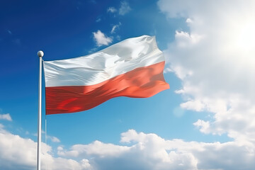 Polish flag flying in the wind on a flagpole against a blue sky with clouds. White red Poland flag wallpaper.  