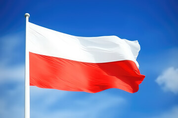 Naklejka na ściany i meble Polish flag flying in the wind on a flagpole against a blue sky with clouds. White red Poland flag wallpaper. 