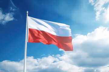 Fototapeta na wymiar Polish flag flying in the wind on a flagpole against a blue sky with clouds. White red Poland flag wallpaper. 